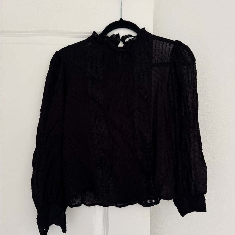 Zara women’s black semi sheer mock neck long sleeve blouse shirt top size XS